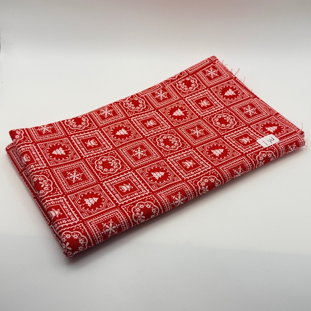 Christmas Holiday Fabric Bells Trees Snowflakes Red 1 Yard Cotton